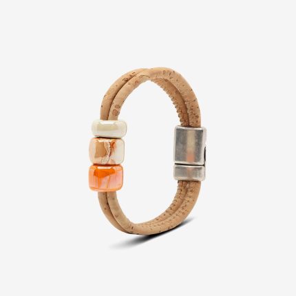 Beige Cork Bracelet With Multicolor Orange Ceramic