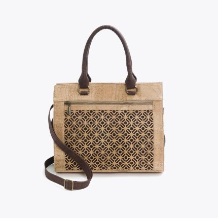 Beige and chocolate brown cork handbag with tiles pattern