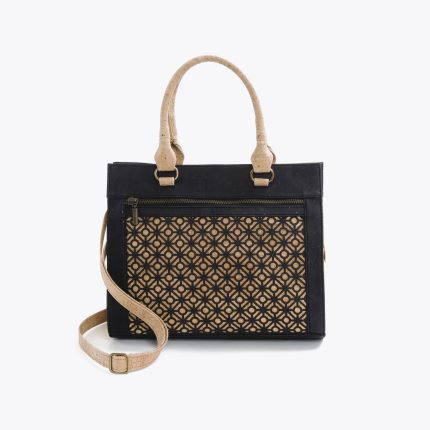 Black and beige cork handbag with tiles pattern
